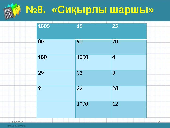 22.10.2023 10 №8. «Сиқырлы шаршы» 1000 10 25 80 90 70 100 1000 4 29 32 3 9 22 28 1000 12