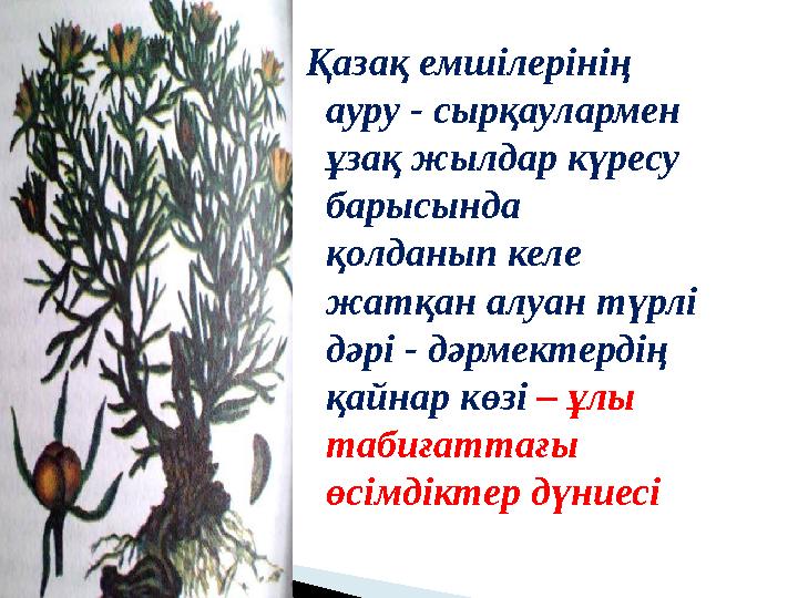 Қазақ емшілерінің ауру - сырқаулармен ұзақ жылдар күресу барысында қолданып келе жатқан алуан түрлі дәрі - дәрмектерді