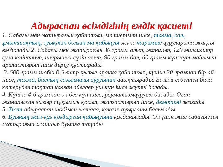 Адыраспан өсімдігінің емдік қасиеті 1. Сабағы мен жапырағын қайнатып, мөлшерімен ішсе, талма, сал, ұмытшақтық, суықтан болғ