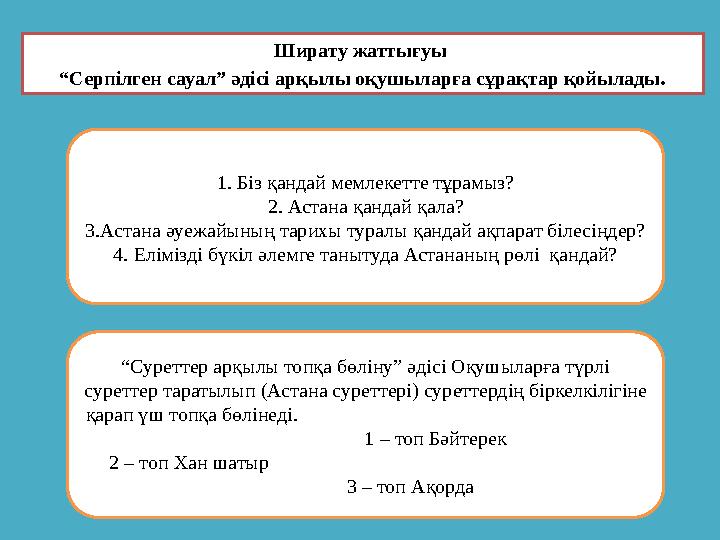 Ширату жаттығуы “Серпілген сауал” әдісі арқылы оқушыларға сұрақтар қойылады. 1. Біз қандай мемлекетте тұрамыз? 2. Астана қандай