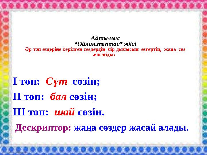 Айтылым “Ойлан,топтас” әдісі Әр топ өздеріне берілген сөздердің бір дыбысын өзгертіп, жаңа сөз жасайды: І топ: Сүт сөзі