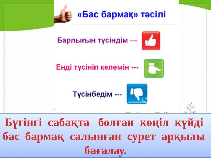 Бүгінгі сабақта болған көңіл күйді бас бармақ салынған сурет арқылы бағалау.