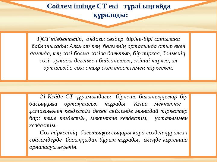 1)СТ тізбектеліп, ондағы сөздер біріне-бірі сатылана байланысады: Азамат кең бөлменің ортасында отыр екен дегенде, кең сөзі