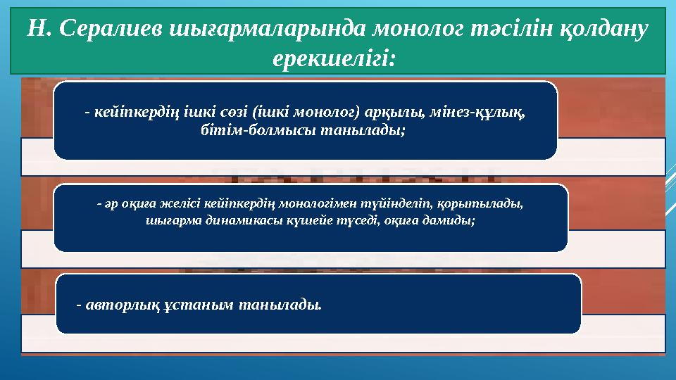 Н. Сералиев шығармаларында монолог тәсілін қолдану ерекшелігі: - кейіпкердің ішкі сөзі (ішкі монолог) арқылы, мінез-құлық, б