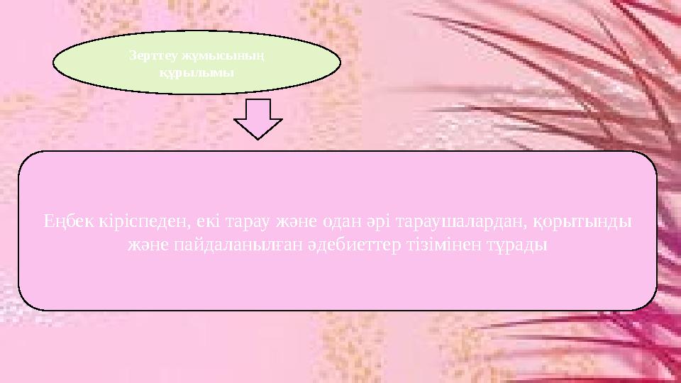 Зерттеу жұмысының құрылымы Еңбек кіріспеден, екі тарау және одан әрі тараушалардан, қорытынды және пайдаланылған әдебиеттер ті