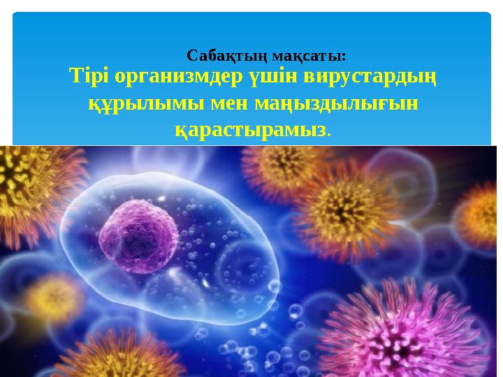 Сабақтың мақсаты: Тірі организмдер үшін вирустардың құрылымы мен маңыздылығын қарастырамыз .