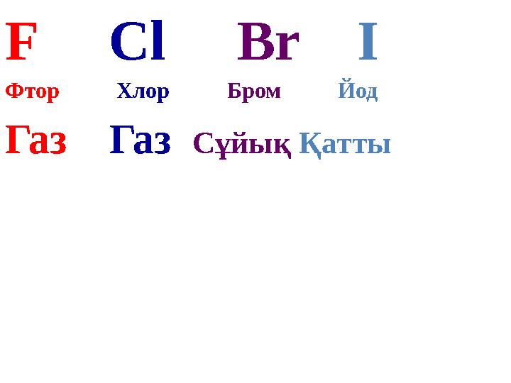 F Cl Br I Фтор Хлор Бром Йод Газ Газ Сұйық Қатты