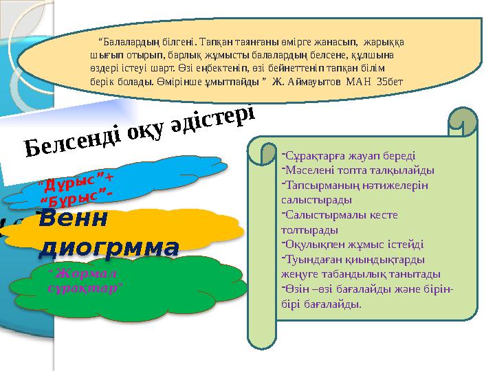 Белсенді оқу әдістері “Дұрыс”+ “Бұрыс”- “ Жормал ” сұрақтар Венн диогрмма “Балалардың білгені. Тапқан таянға