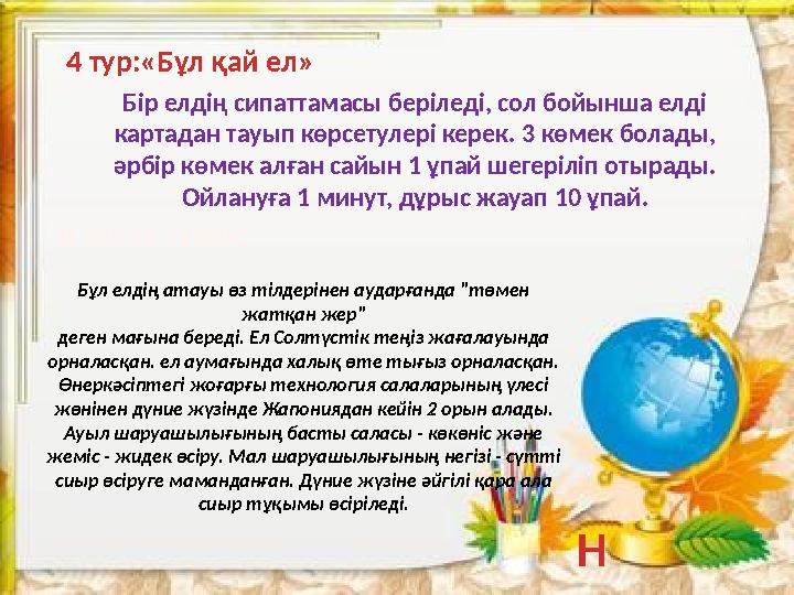 Бір елдің сипаттамасы беріледі, сол бойынша елді картадан тауып көрсетулері керек. 3 көмек болады, әрбір көмек алған сайын 1 ұ