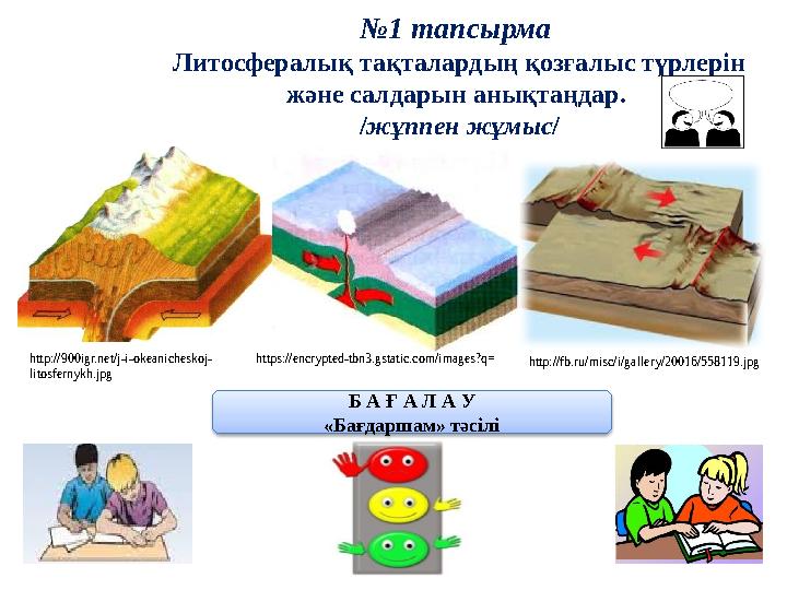 №1 тапсырма Литосфералық тақталардың қозғалыс түрлерін және салдарын анықтаңдар. /жұппен жұмыс/ http://900igr.net/j-i-okeanic