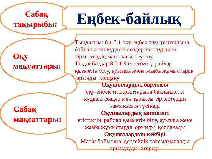 Сабақ тақырыбы: Еңбек-байлық Оқу мақсаттары: Тыңдалым: 8.1.3.1 оқу-еңбек тақырыптарына байланысты күрделі сөздер мен тұрақты