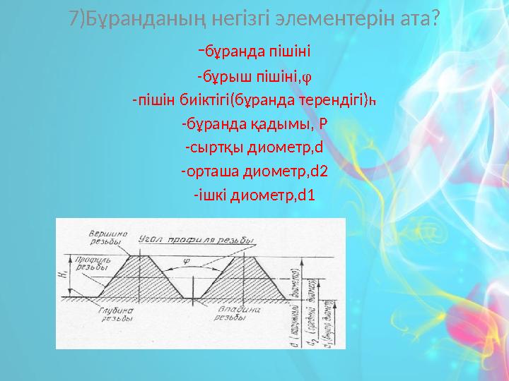 7)Бұранданың негізгі элементерін ата? -бұранда пішіні -бұрыш пішіні,φ -пішін биіктігі(бұранда терендігі)һ -бұранда қадымы, P