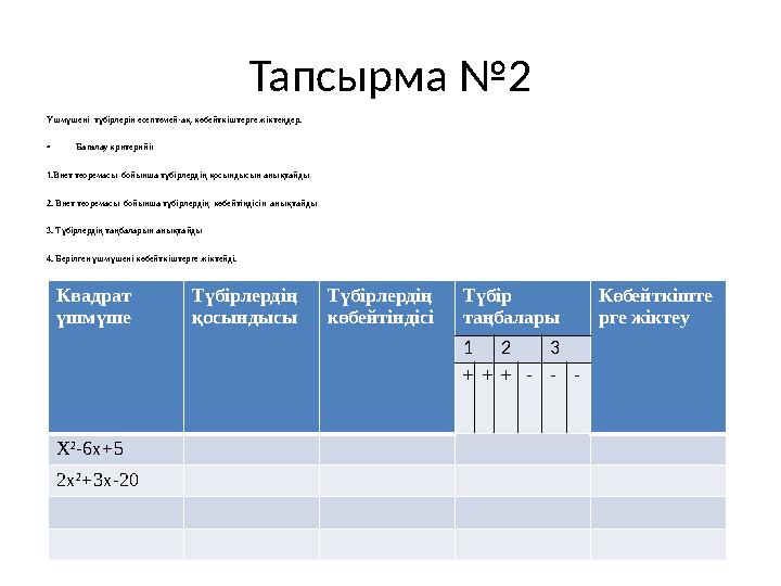 Тапсырма №2 Үшмүшені түбірлерін есептемей-ақ, көбейткіштерге жіктеңдер. • Бағалау критерийі: 1.Виет теоремасы бойынша түбірле