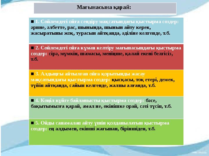 Мағынасына қарай: ■ 1. Сөйлемдегі ойға сендіру мақсатындағы қыстырма сөздер: әрине, әлбетте, рас, шы