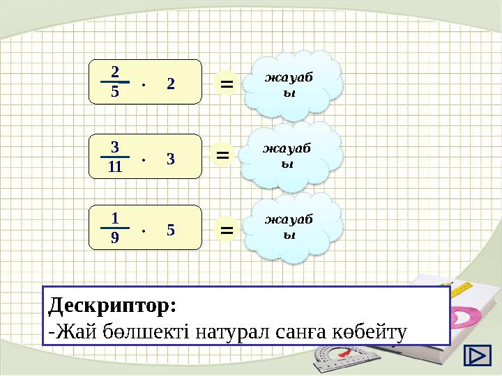 2 5 2 · = 4 5 3 11 3 · 9 11= 1 9 5 · = 5 9жауаб ы жауаб ы жауаб ы Дескриптор: -Жай бөлшекті натурал санға көбейту