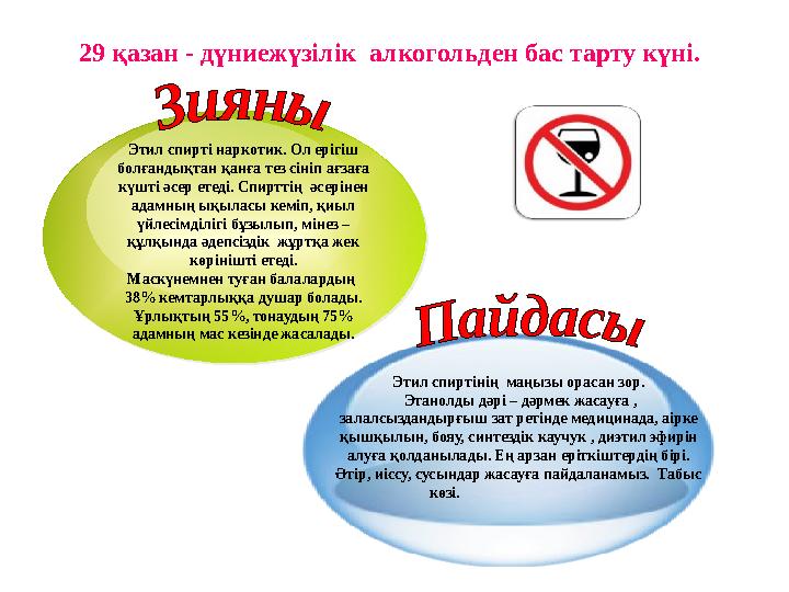 Этил спирті наркотик. Ол ерігіш болғандықтан қанға тез сініп ағзаға күшті әсер етеді. Спирттің әсерінен адамның ықыласы кемі