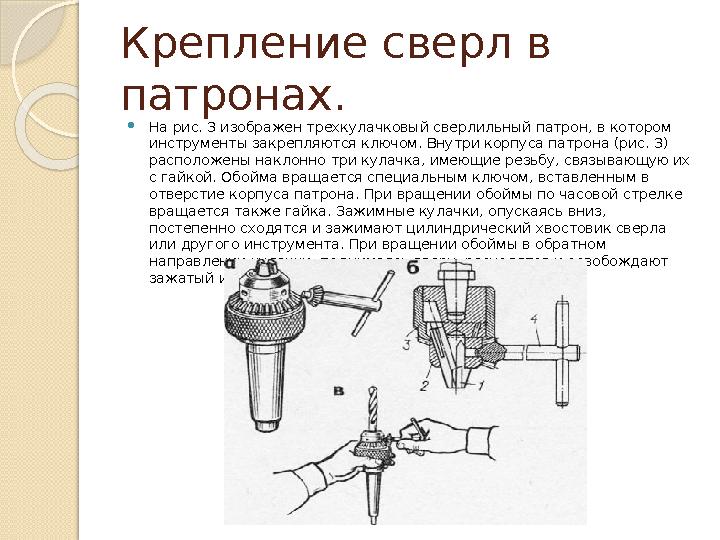 Крепление сверл в патронах. На рис. 3 изображен трехкулачковый сверлильный патрон, в котором инструменты закрепляются к
