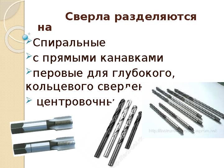 Сверла разделяются на Спиральные с прямыми канавками перовые для глубокого, кольцевого сверления  цен