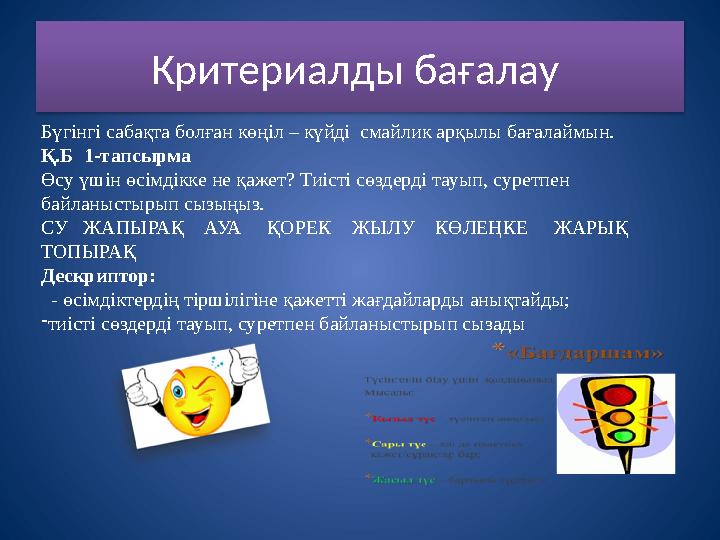 Критериалды бағалау Бүгінгі сабақта болған көңіл – күйді смайлик арқылы бағалаймын. Қ.Б 1-тапсырма Өсу үшін өсімдікке не қа