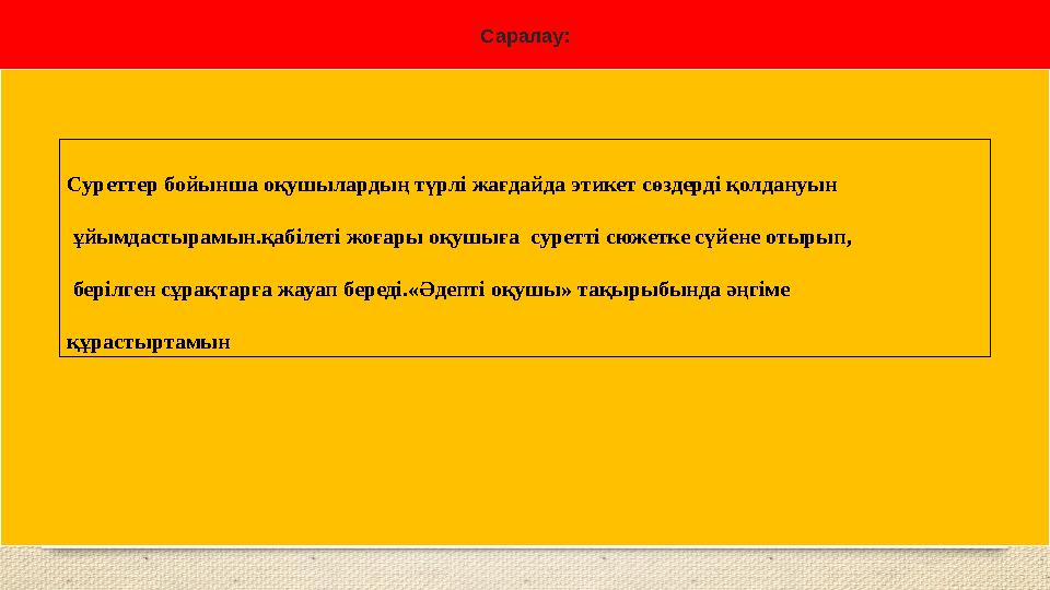 Саралау: Суреттер бойынша оқушылардың түрлі жағдайда этикет сөздерді қолдануын ұйымдастырамын.қабілеті жоғары оқушыға суретт