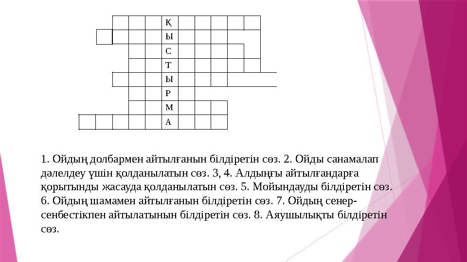 Қ Ы С Т Ы Р М А 1. Ойдың долбармен айтылғанын білдіретін сөз. 2. Ойды санамалап дәлелдеу үшін қолданылатын сө