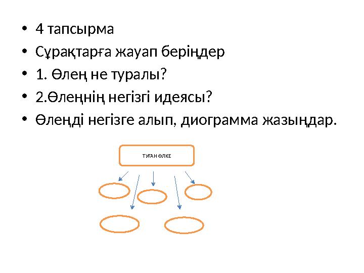 •4 тапсырма •Сұрақтарға жауап беріңдер •1. Өлең не туралы? •2.Өлеңнің негізгі идеясы? •Өлеңді негізге алып, диограмма жазыңдар.