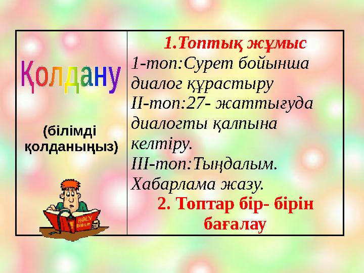 (білімді қолданыңыз) 1.Топтық жұмыс 1-топ:Сурет бойынша диалог құрастыру ІІ-топ:27- жаттығуда диалогты қалпына келтіру. ІІІ-