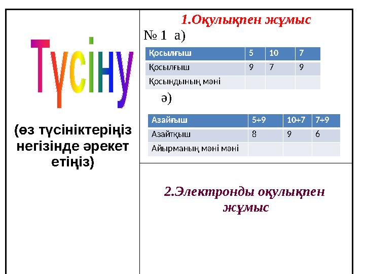 (өз түсініктеріңіз негізінде әрекет етіңіз) 1.Оқулықпен жұмыс № 1 а) ә) 2.Электронды оқулықпен жұмысҚосылғыш 5 10