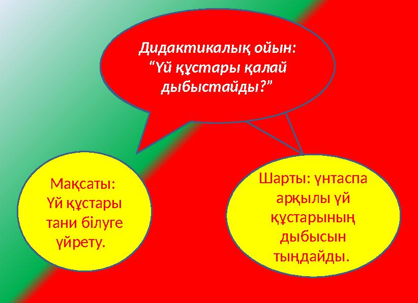 Дидактикалық ойын: “Үй құстары қалай дыбыстайды?” Мақсаты: Үй құстары тани білуге үйрету. Шарты: үнтаспа арқылы үй құс
