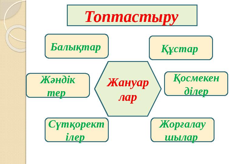 Жануар лар Сүтқорект ілер Құстар Қосмекен ділер Балықтар Жәндік тер Жорғалау шылар Топтастыру
