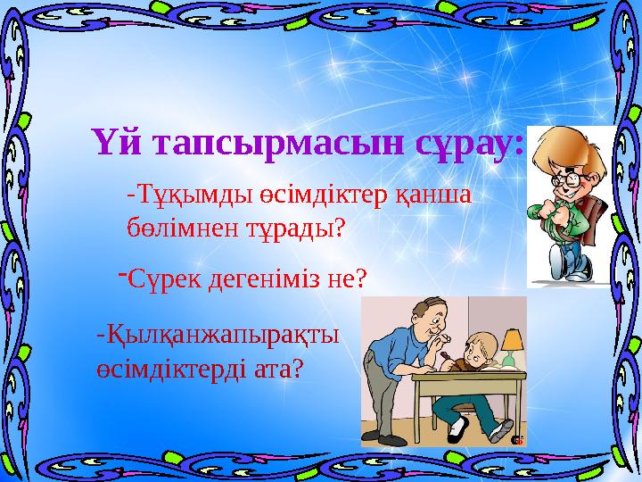 Үй тапсырмасын сұрау: -Тұқымды өсімдіктер қанша бөлімнен тұрады? -Сүрек дегеніміз не? -Қылқанжапырақты өсімдіктерді ата?