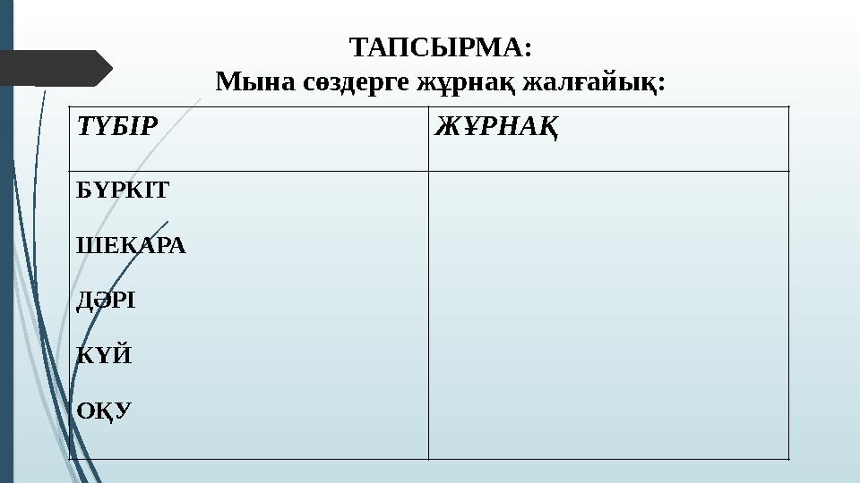 ТҮБІР ЖҰРНАҚ Б ҮРКІТ ШЕКАРА ДӘРІ КҮЙ ОҚУ ТАПСЫРМА: Мына сөздерге жұрнақ жалғайық: