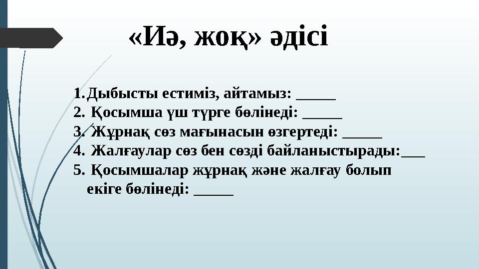 «Иә, жоқ» әдісі 1. Дыбысты естиміз, айтамыз: _____ 2. Қосымша үш түрге бөлінеді: _____ 3. Жұрнақ сөз мағынасын өзгерт