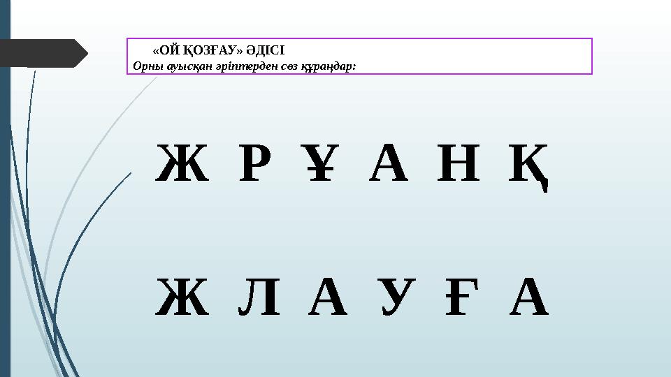 «ОЙ ҚОЗҒАУ» ӘДІСІ Орны ауысқан әріптерден сөз құраңдар: Ж Р Ұ А Н Қ Ж Л А У Ғ А