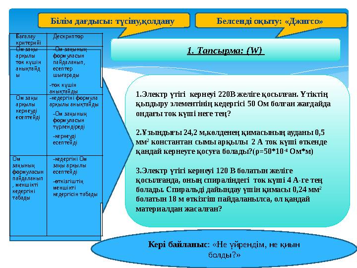 Кері байланыс: «Не үйрендім, не қиын болды?» Белсенді оқыту: «Джигсо» 1. Тапсырма: (W) 1.Электр үтігі кернеуі 220В желіге