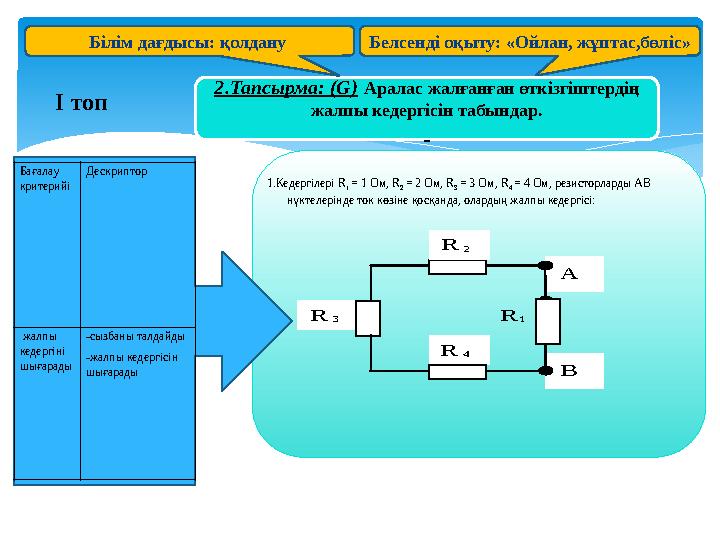 Белсенді оқыту: «Ойлан, жұптас,бөліс» 2.Тапсырма: (G) Аралас жалғанған өткізгіштердің жалпы кедергісін табындар. 1.Кедергі