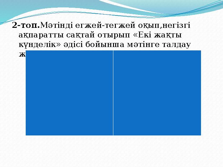 2-топ.Мәтінді егжей-тегжей оқып,негізгі ақпаратты сақтай отырып «Екі жақты күнделік» әдісі бойынша мәтінге талдау жасау