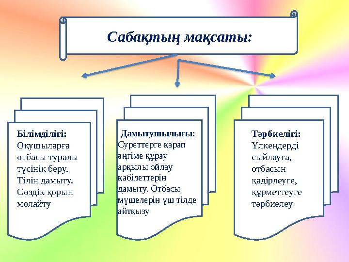 Сабақтың мақсаты: Білімділігі: Оқушыларға отбасы туралы түсінік беру. Тілін дамыту. Сөздік қорын молайту Дамытушылығы: