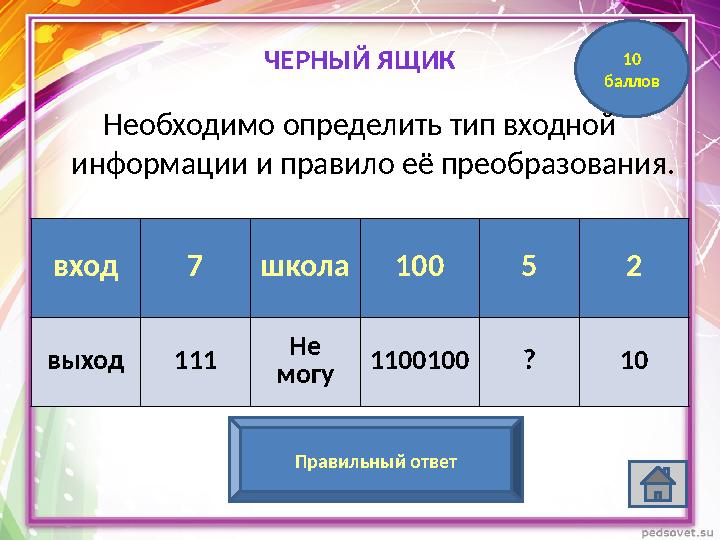 вход 7 школа 100 5 2 выход 111 Не могу 1100100 ? 10 101 (число в двоичной системе) Правильный ответ 10 балловЧЕРНЫЙ ЯЩИК Необх