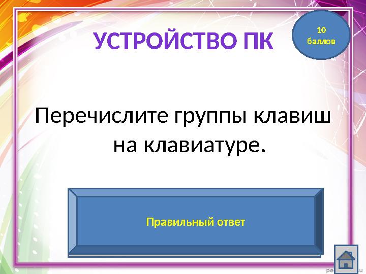 Перечислите группы клавиш на клавиатуре. Функциональные клавиши Алфавитно-цифровые клавиши Клавиши управления курсором Специаль