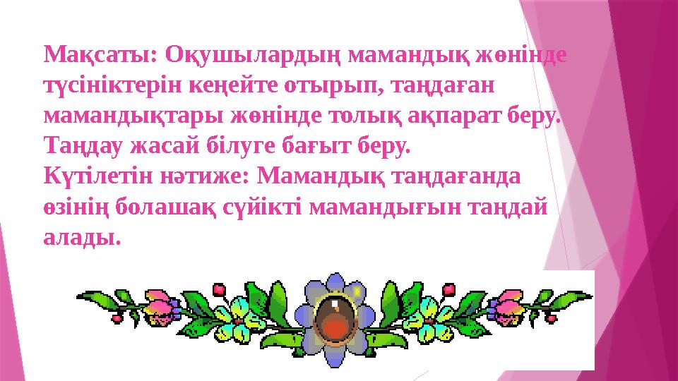 Мақсаты: Оқушылардың мамандық жөнінде түсініктерін кеңейте отырып, таңдаған мамандықтары жөнінде толық ақпарат беру. Таңдау ж