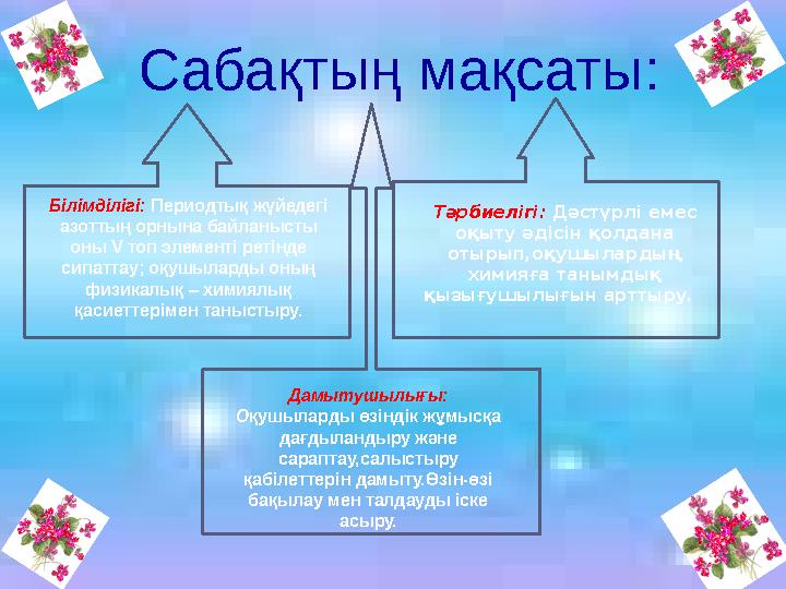 Сабақтың мақсаты: Білімділігі: Периодтық жүйедегі азоттың орнына байланысты оны V топ элементі ретінде сипаттау; оқушылар