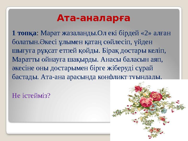 Ата-аналарға 1 топқа: Марат жазаланды.Ол екі бірдей «2» алған болатын.Әкесі ұлымен қатаң сөйлесіп, үйден шығуға рұқсат етпей