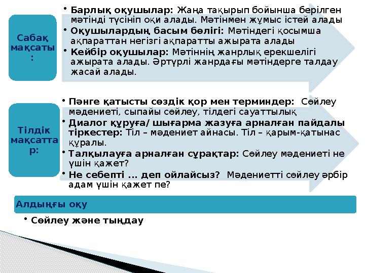 •Барлық оқушылар: Жаңа тақырып бойынша берілген мәтінді түсініп оқи алады. Мәтінмен жұмыс істей алады •Оқушылардың басым
