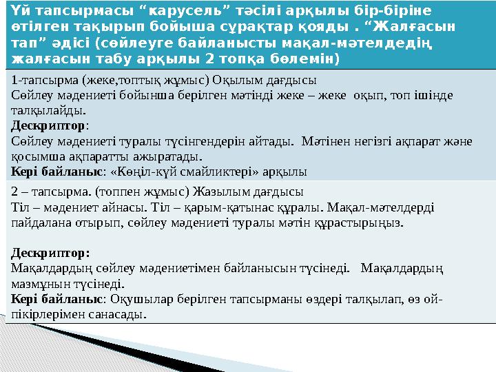 Үй тапсырмасы “карусель” тәсілі арқылы бір-біріне өтілген тақырып бойыша сұрақтар қояды . “Жалғасын тап” әдісі (сөйлеуге б