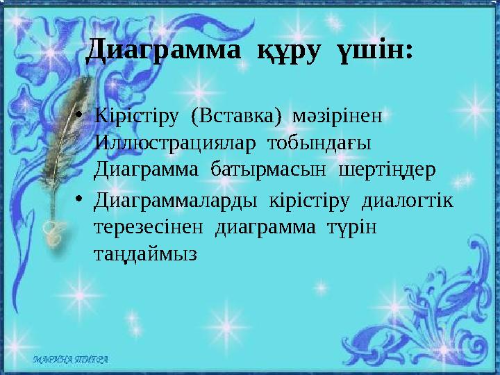 Диаграмма құру үшін: •Кірістіру (Вставка) мәзірінен Иллюстрациялар тобындағы Диаграмма батырмасын шертіңдер •Диаграм