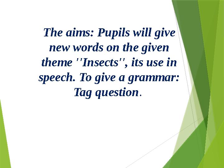 The aims: Pupils will give new words on the given theme ''Insects'', its use in speech. To give a grammar: T