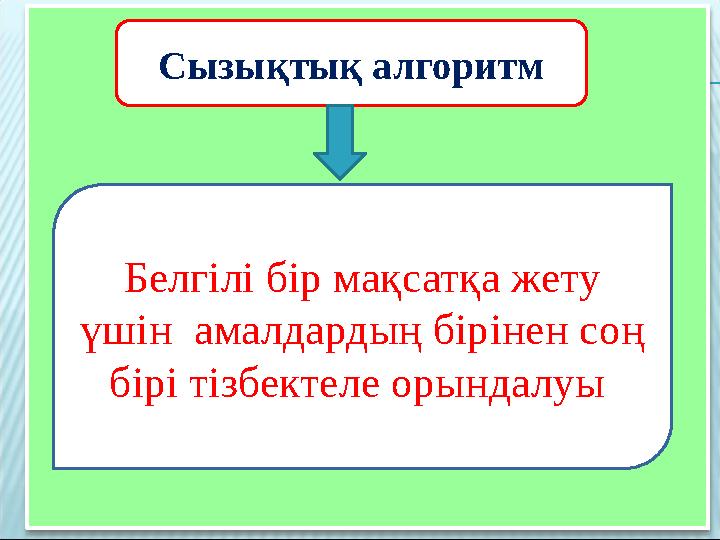 Сызықтық алгоритм Белгілі бір мақсатқа жету үшін амалдардың бірінен соң бірі тізбектеле орындалуы