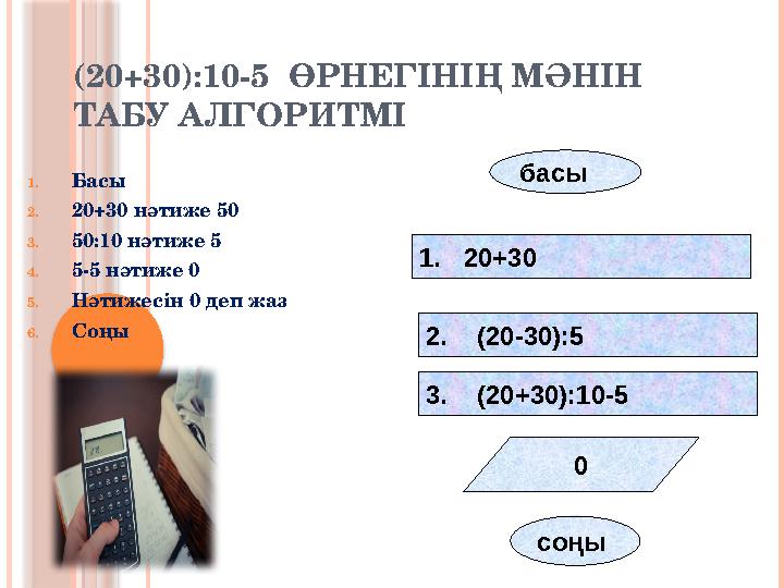 (20+30):10-5 ӨРНЕГІНІҢ МӘНІН ТАБУ АЛГОРИТМІ 1. Басы 2. 20+30 нәтиже 50 3. 50:10 нәтиже 5 4. 5-5 нәтиже 0 5. Нәтижесін 0 деп жа