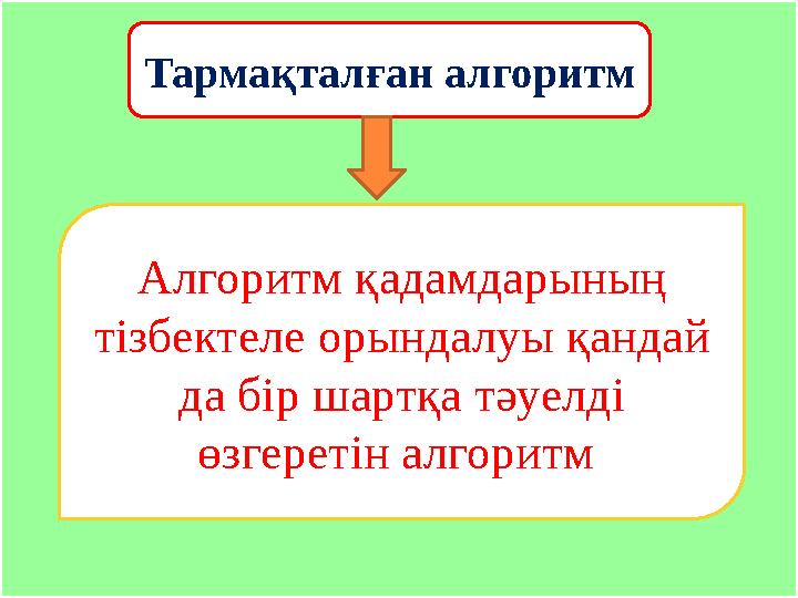 Тармақталған алгоритм Алгоритм қадамдарының тізбектеле орындалуы қандай да бір шартқа тәуелді өзгеретін алгоритм